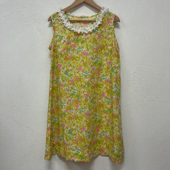Vtg 50s/60s Yellow Green Pink Floral Sleeveless Sheath Tank Dress M* - Picture 1 of 6